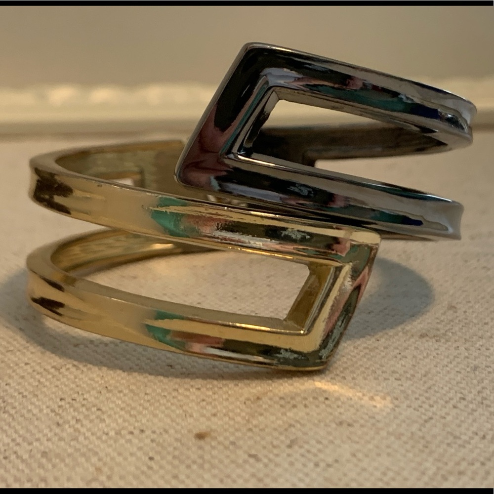 Two tone gold and graphite spring hinge cuff bracelet